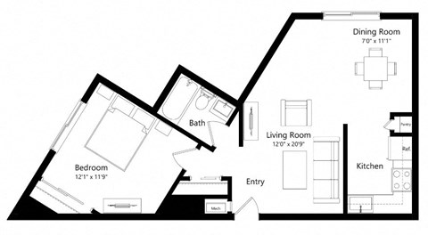 Floor plan for 1 bed, 1 bath, 622 sqft